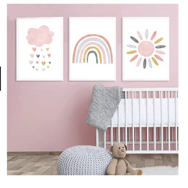 pink Cartoon Clouds Sun Rainbow Wall Art Painting Nursery Poster Nordic Baby Children's Room Decoration