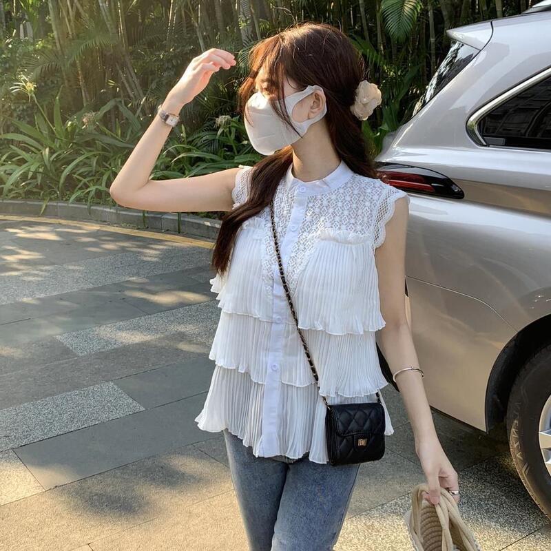 Flying Sleeve Doll Shirt Sleeveless Ruffled Very Fairy Lace Fungus Lace Pleated Sweet Ruffle Collar Round Neck Flying Sleeve Doll Shirt Sleeveless Ruffled Very Fairy Lace Fungus Lace Pleated Sweet Ruffle Collar Round Neck