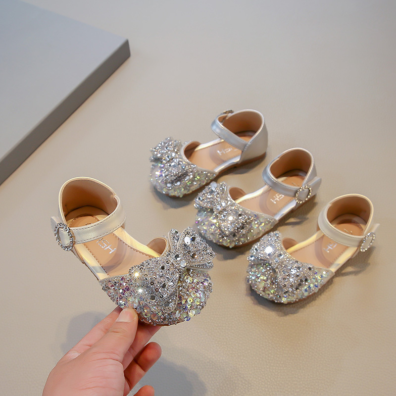 Baby Girl Bow Princess Shoes Girls Sequin Dance Performance 2025 Spring and Summer New Korean Style Girls Half Sandals