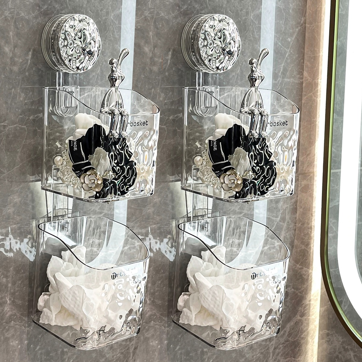 Ventosa descartada cara toalla caja de almacenamiento montado en la pared lavabo estante de almacenamiento cara toalla estante de almacenamiento baño cesta colgante