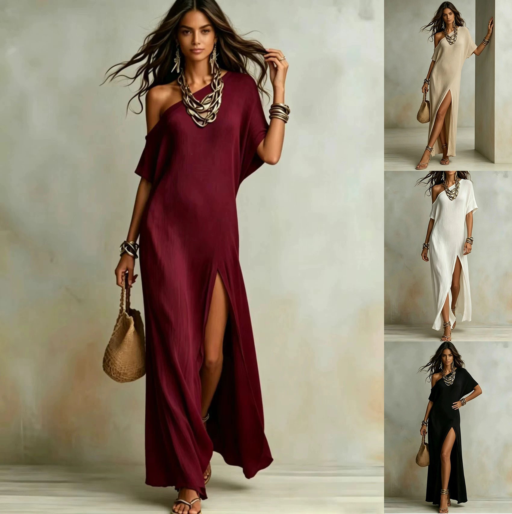 2026 Summer European and American Cross-Border Amazon Independent Site New Elegant Short-Sleeve Cotton-Linen Pleated Slit Women's Dress
