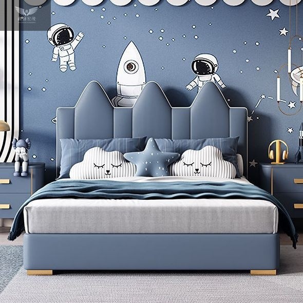 Cama de niños de lujo ligera, cama de tela infantil, cama de princesa, cama de madera sólida simple