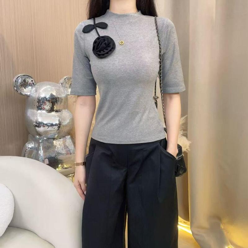 2025早秋法式领口花朵装饰常规款圆领中袖时尚显瘦休闲纯色女9088|undefined