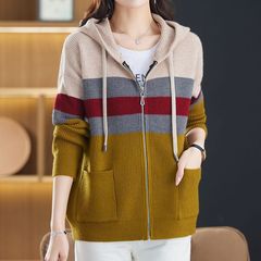 跨境连帽拉鏠条纹毛衣外套女2025秋冬新款卫衣休闲口袋针织开衫女