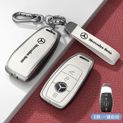 Car key bag – Leather - standard-e-model-one-click-start-white-zinc-alloy-shell-hardware-hand-strap