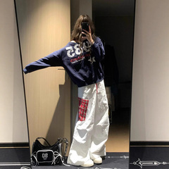 美式复古高街格子拼接白色工装裤子女秋季2025新款宽松直筒阔腿裤