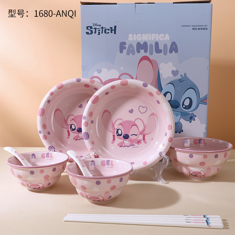 Tazón de cerámica Stitch caja de regalo tazón de arroz para el hogar tazón de dibujos animados de color bajo vidriado vajilla de cerámica de alto valor tazón redondo al por mayor