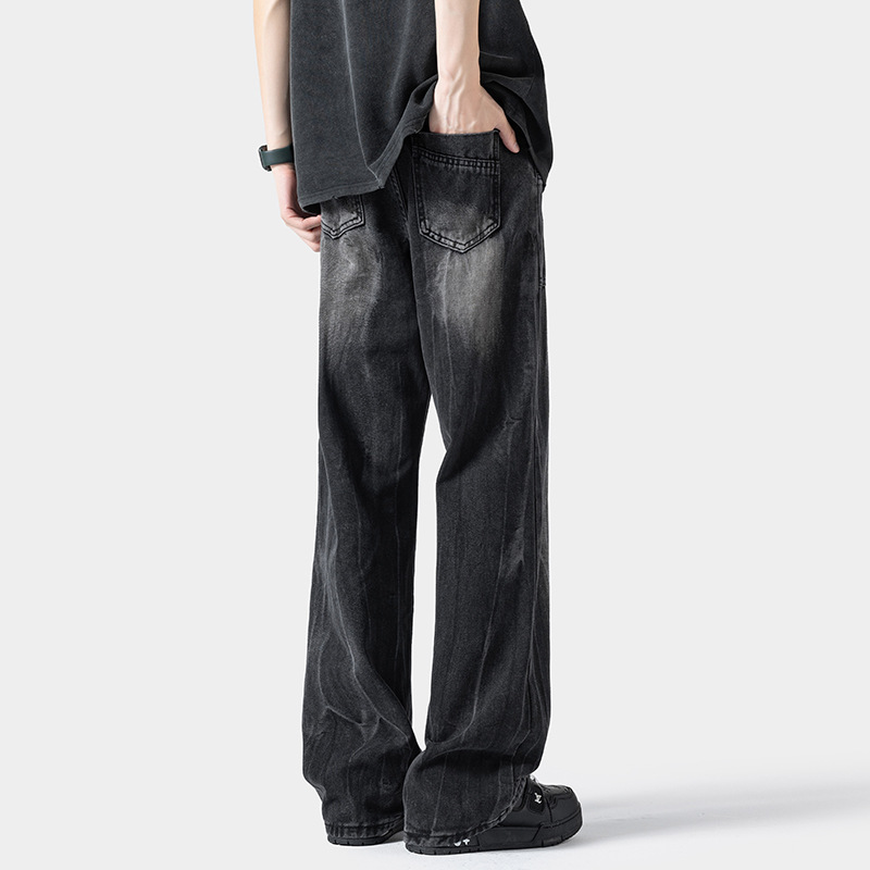 Jean homme délavé style américain, marque tendance, coupe ample, motif éclair, pantalon droit, disponible en prêt-à-porter._voghion.com