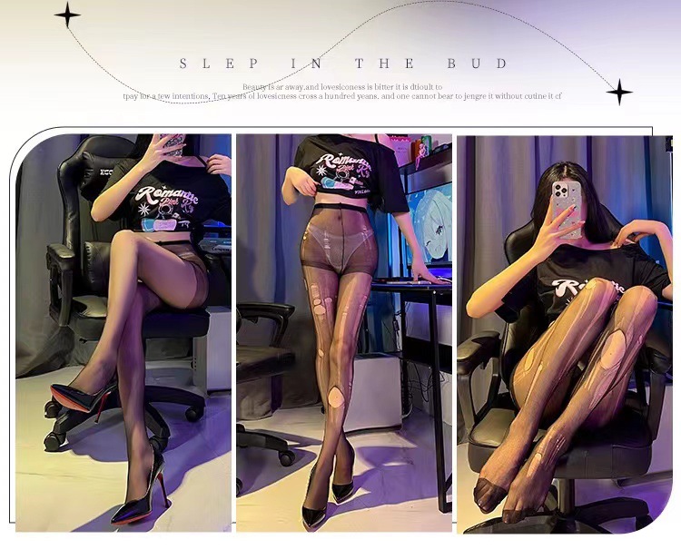 Black Open-Crotch Shredded Pantyhose, Ultra-Thin Tearable One-Piece Stockings — detail image 3