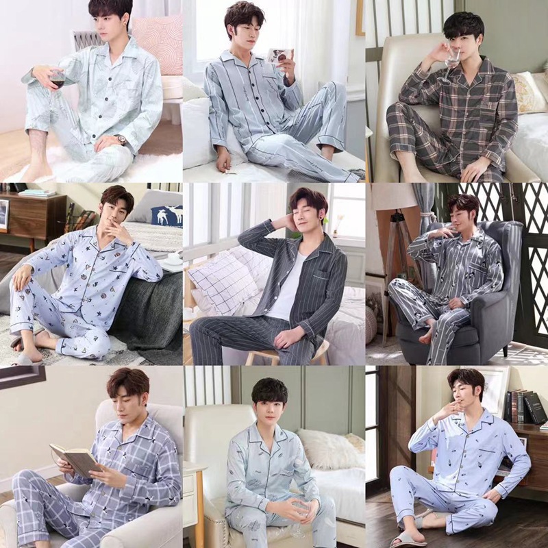 Primavera y otoño pijamas de hombres jóvenes y de mediana edad de punto cálido de algodón a cuadros coreanos prendas de vestir exteriores de moda para el hogar traje de invierno