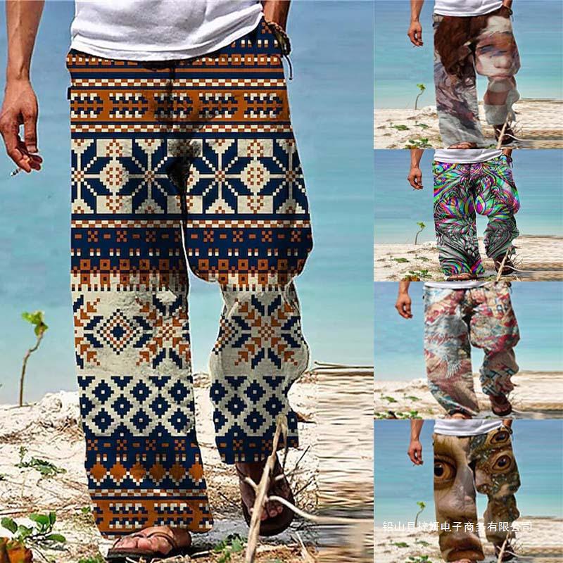 2024 Cross-border Asian Mason European and American Men's 3D Printed Men's Loose Casual Pants Holiday Beach Pants