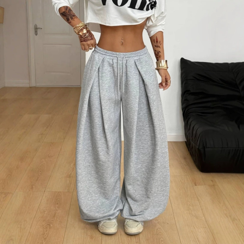 Cross-Border Y2K American Street Style Gray Sweatpants for Women, High-Waisted Loose Pleated Wide-Leg Casual Sports Pants Cross-Border Y2K American Street Style Gray Sweatpants for Women, High-Waisted Loose Pleated Wide-Leg Casual Sports Pants