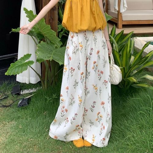 French-style collar tie front floral women's blouse 2025 summer new fashion set trendy floral print wide-leg pants