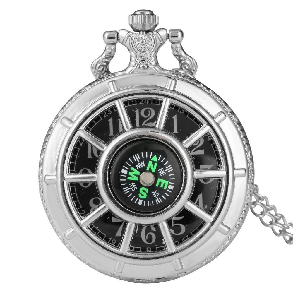 Fashion Hollow Compass Pocket Watch Outdoor Adventure Creative Flip Necklace Watch Boys and Girls Gift Digital Quartz Watch