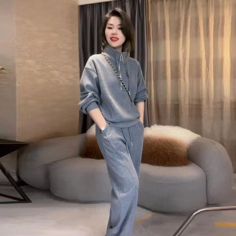 洋气减龄休闲运动套装女秋冬大码显瘦欧货半拉链卫衣阔腿裤两件套|undefined