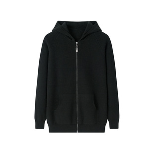 Inner Mongolia Autumn and Winter New Double-Pull Thickened Cashmere Cardigan Men's Pure Color Zipper Hooded Outer Knitted Jacket to Heattech