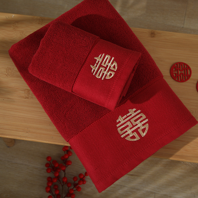 중국 스타일 웨딩 목욕 타월 2 조각 세트 버건디 4 조각 세트 동반 결혼식 축하 쌍 원피스 신혼 러닝을위한 선물