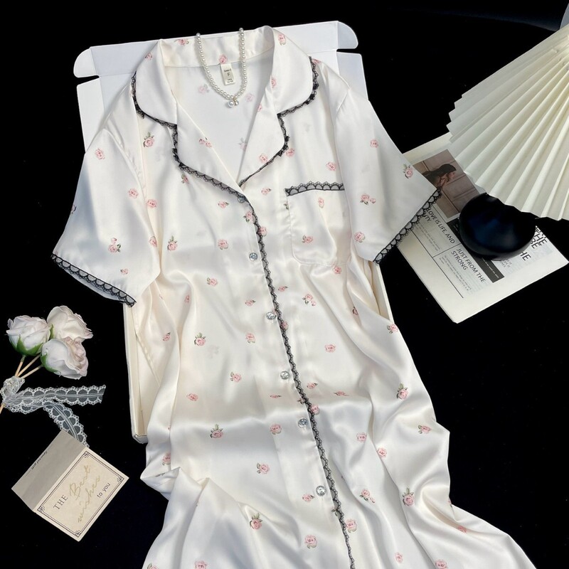 2025 Spring/Summer Ice Silk High-End Pure Desire Texture Shirt Dress Pajamas for Women Fresh Lace Collar Loungewear