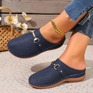Foreign Trade Wedge Slippers Large Size 2025 Summer New Style Cut Out Thick-Soled One-Leg Metal Strip Toe Half Slippers for Women