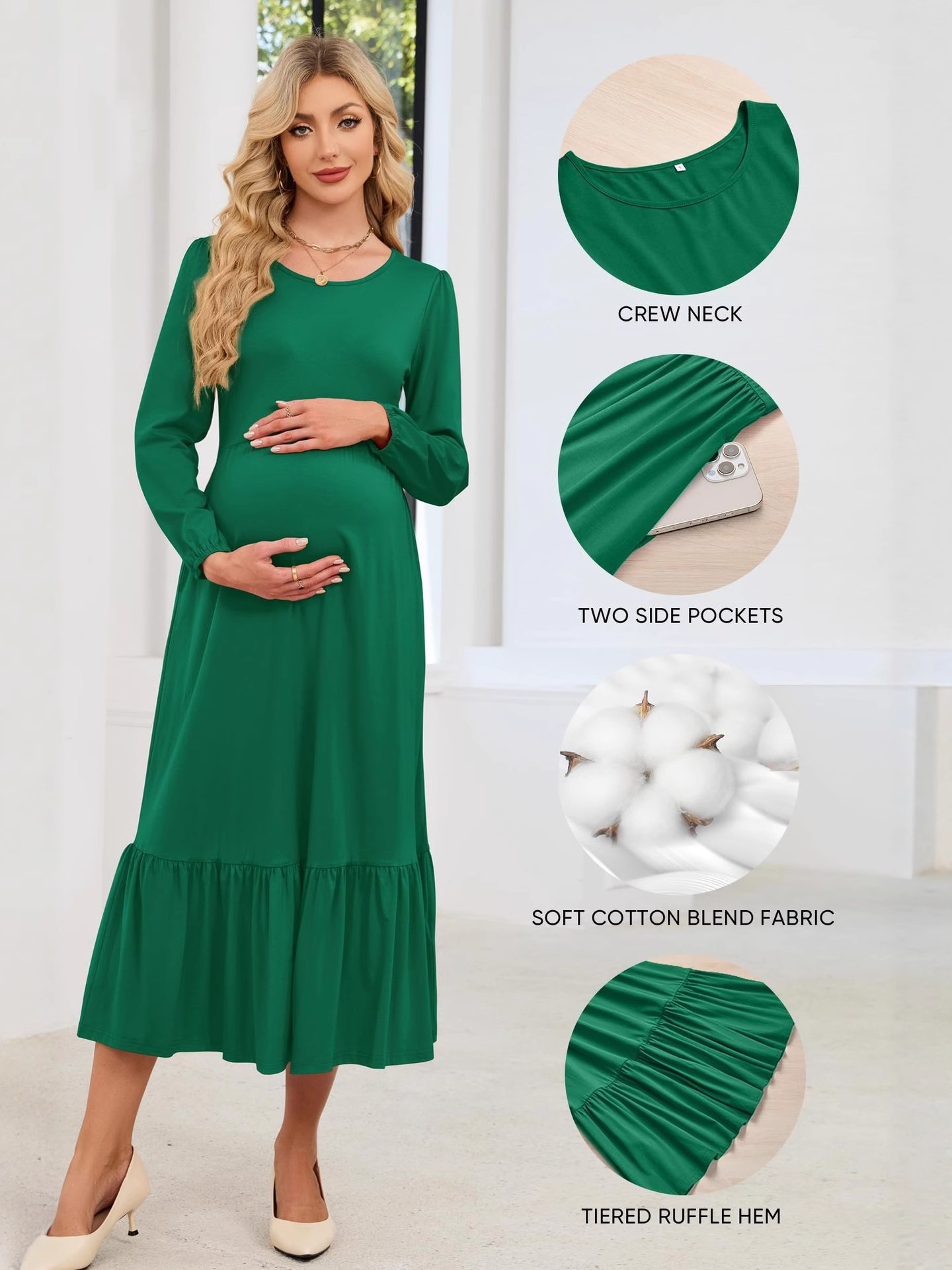 2025 otoño nuevo vestido de embarazo de mangas largas de color sólido vestido casual cuello redondo elegante de embarazo largo