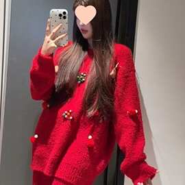 甜美圣诞新年半边绒红色睡衣女冬季新款针织长袖长裤家居服套装冬