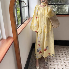 Sis*フレンチロングスカート初秋新作スイートラブチェック柄アップリケルーズラウンドネックロングドレス外国貿易