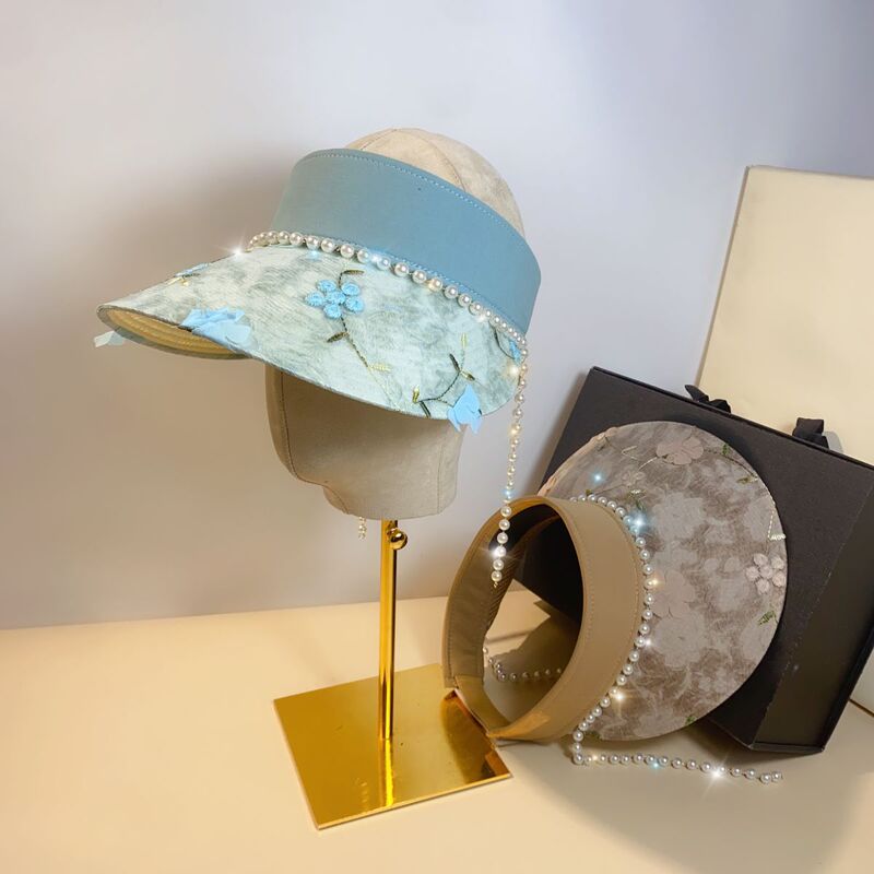 Three-dimensional Flower Pearl Chain Fashion Straw Woven Empty Top Hat Women's Summer Big Hat Sunshade Sunscreen Beach Sun Hat