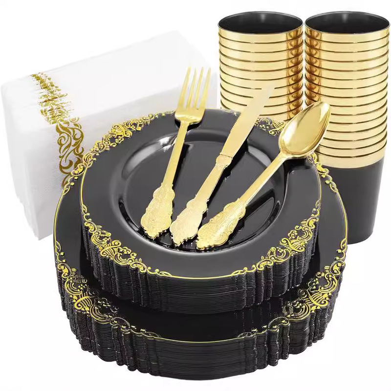 175 plastic tableware dragon pattern black gold rim relief plate wine glass knife fork spoon PS hard plastic gold dust-free paper set