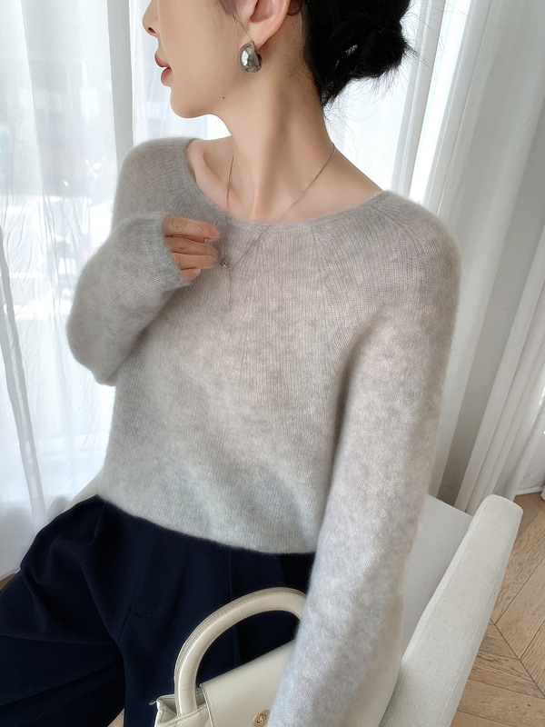 宽松廓形圆领羊绒衫女秋冬新款山羊绒+桑蚕丝无缝一线丝羊绒毛衣|undefined