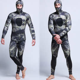 亚马逊男士迷彩连体潜水服 弹力加压连帽长袖长裤冬泳保暖潜水衣