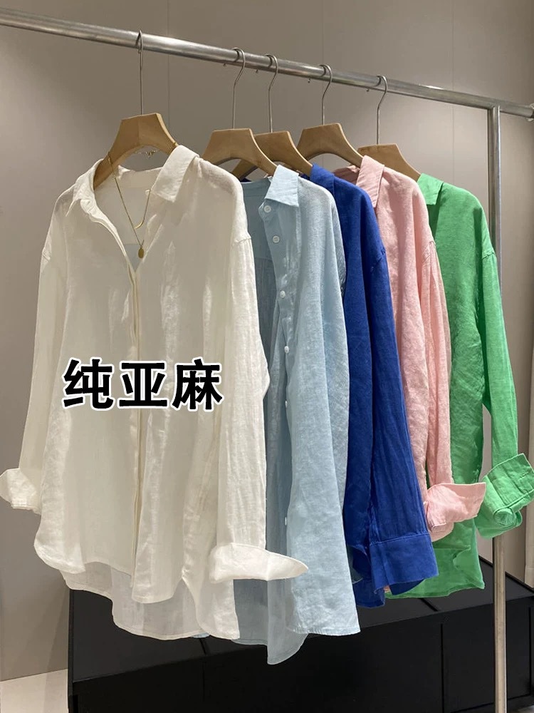 フランスの白い亜麻のシャツの女性の夏の薄いタイプのゆったりした気質の古いお金の風の高級な綿の麻のシャツの日焼け止めの上着