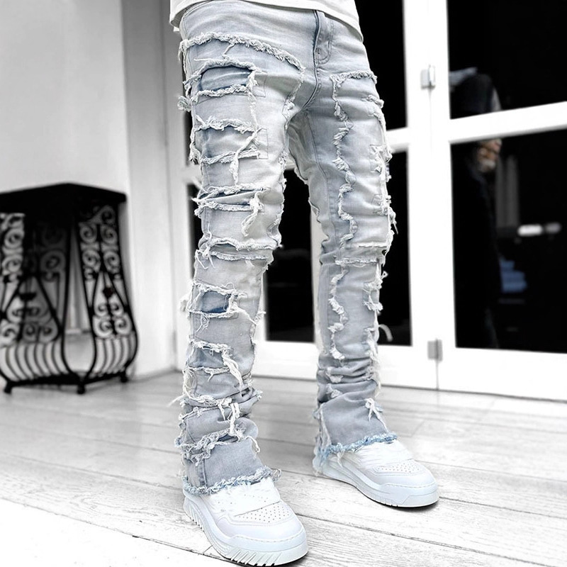Cross-Border Aliexpress Amazon Foreign Trade Fashion Jeans Men's New Stretch Patch Layered Straight Long Pants