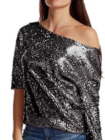 2025 European and American new style AliExpress European and American new loose sequin slanted shoulder short-sleeved casual sequin deep V shirt