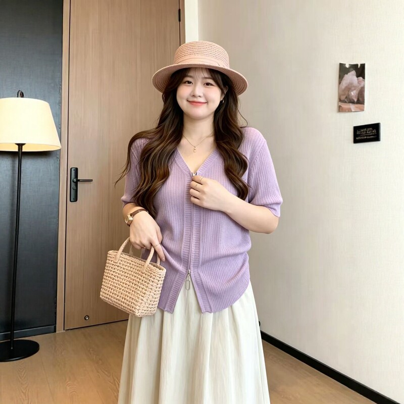 Women's Plus-Size Stylish Tops, New Summer Style Zip-Up Cardigan, Slim-Fit, Tummy-Concealing Knit Cardigan 9201