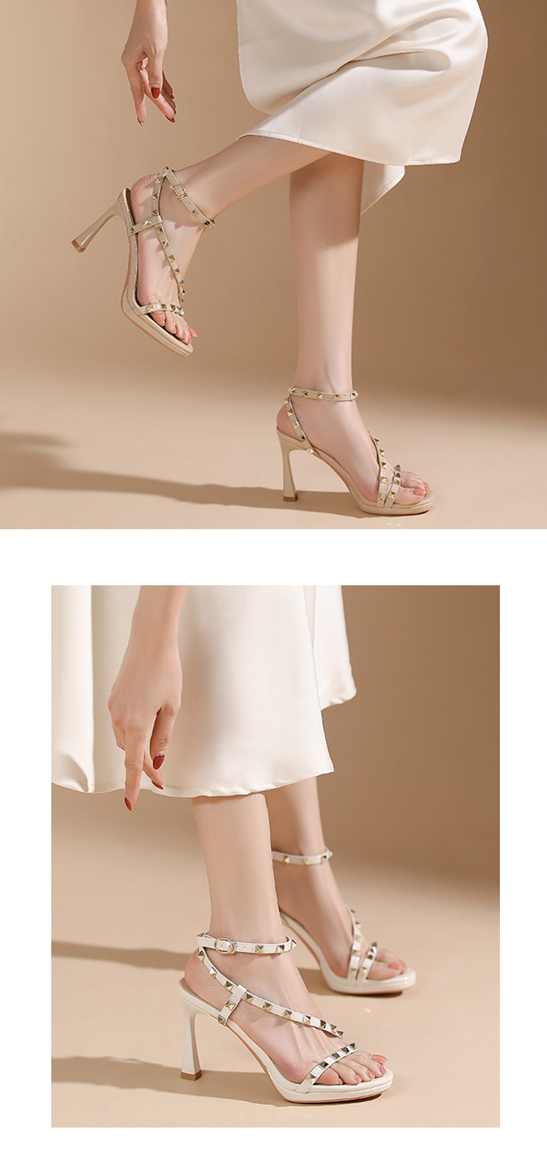 Sandal cao gót nữ mũi tròn quai ngang đính đinh tán — trắng ngà chi tiết 7