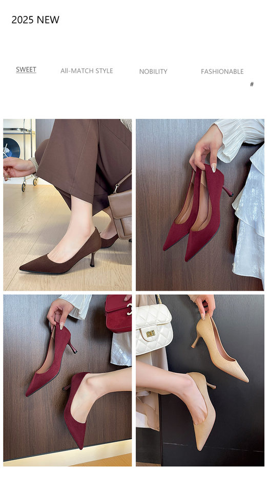 Giày cao gót nữ mũi nhọn gót mảnh thanh lịch, đế cao 6–8 cm — nâu, rượu vang đỏ chi tiết 2