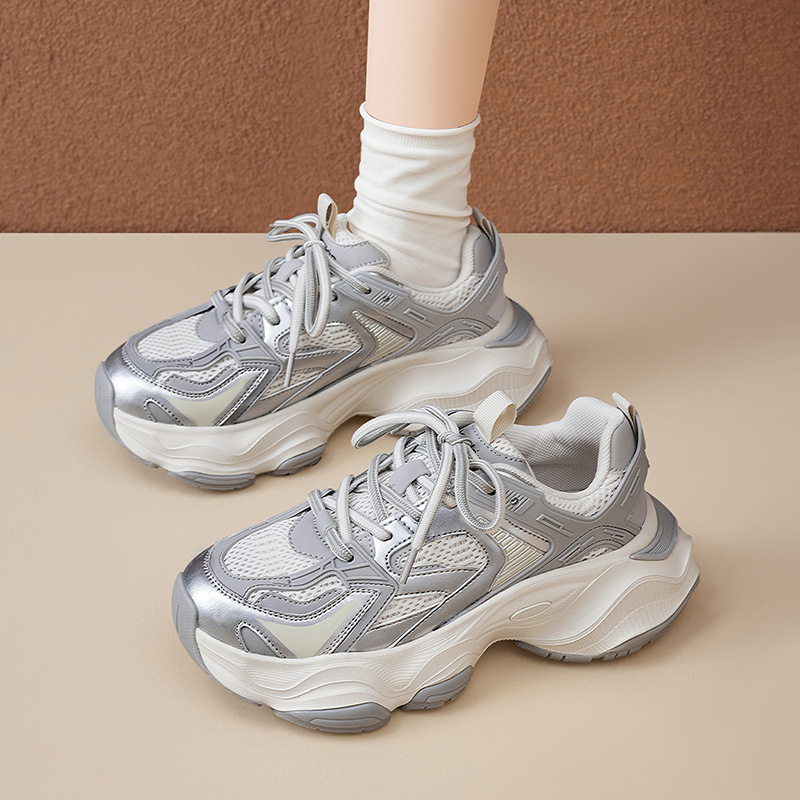 Augu Shi Deng plata zapatos de papá mujeres 2026 nuevas zapatillas deportivas de malla de primavera zapatos de correr casuales altos