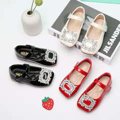 Korean style metal square buckle girls princess shoes rhinestone shallow mouth single shoes Velcro children's leather shoes spring children's shoes