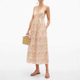 晚晚同款 米黄色碎花连衣裙V领三角杯吊带裙度假风