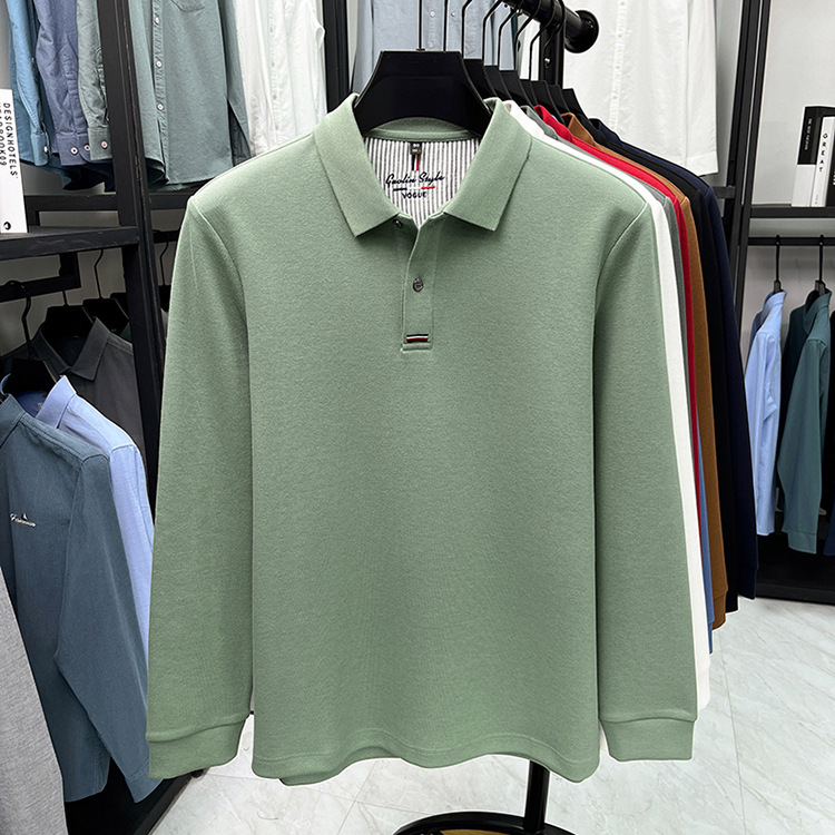 Áo polo nam dài tay cổ bẻ 100% cotton đánh bóng, form regular — nâu vàng chi tiết 14