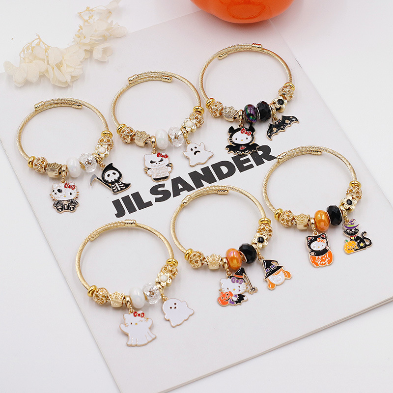 European and American Style Adjustable Halloween Bracelet with Skull and Ghost Pendants, Fashionable Cartoon Hello Kitty Hand Jewelry for Women