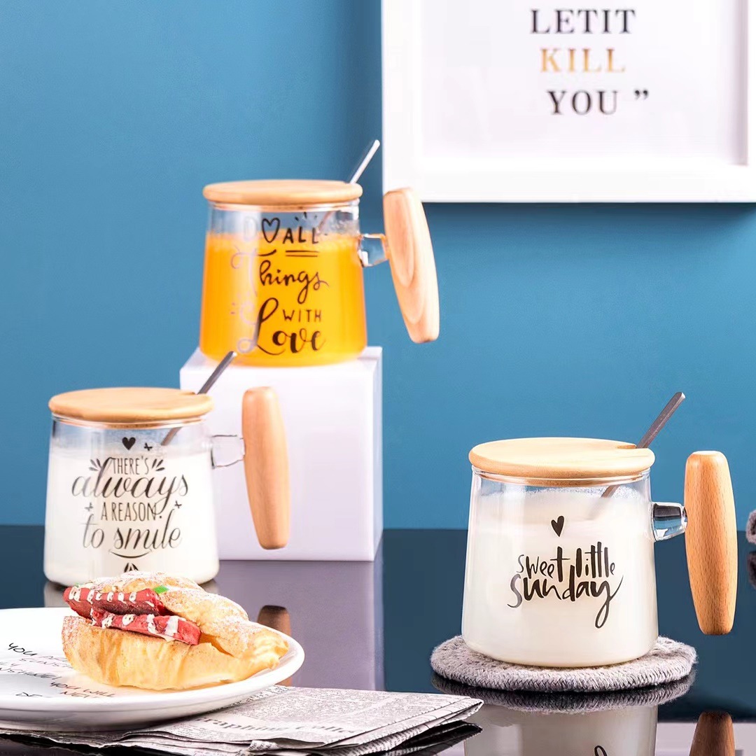 Estilo nórdico personalidad creativa mango de madera taza de vidrio con tapa cuchara Oficina taza de beber regalo inglés taza de café