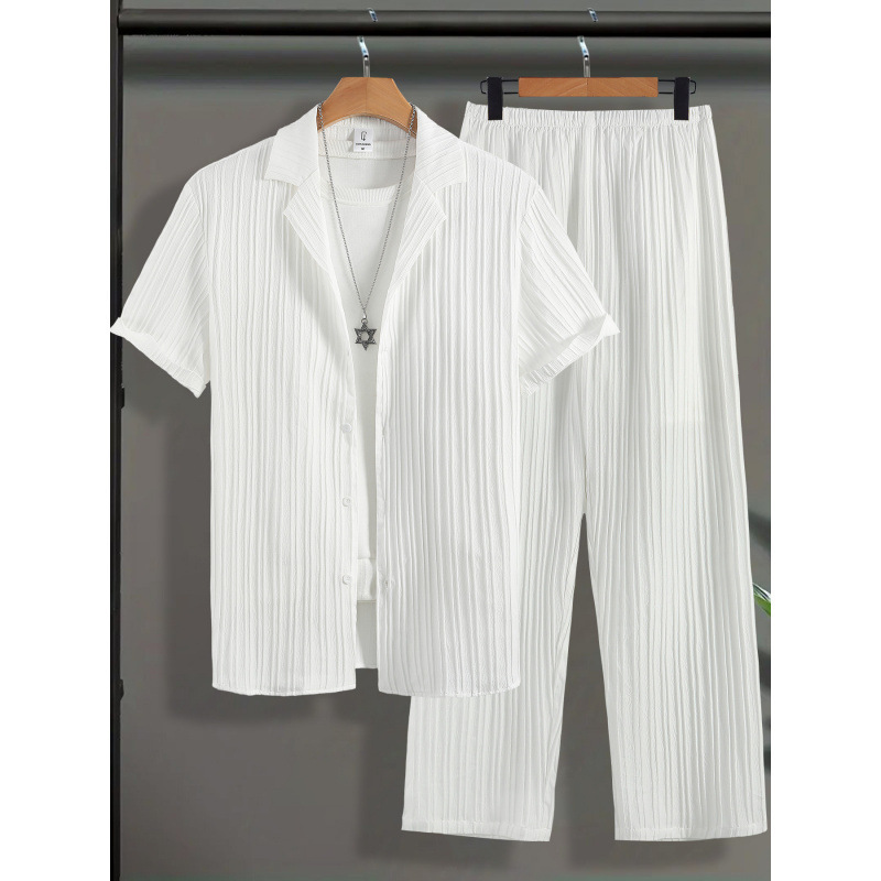Conjuess Men's Suit Set Summer Thin Short-Sleeved Shirt Casual Pants Two-Piece Set Light Luxury and High-End Feel