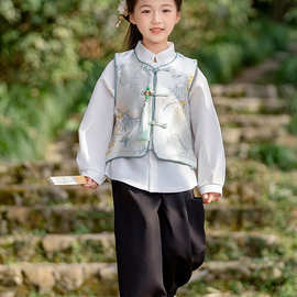 中国风汉服套装男童春装新中式女童唐装马甲春秋三件套儿童表演服