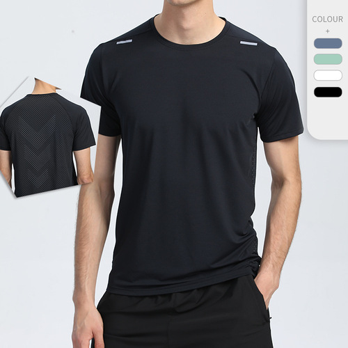 New solid color printed running fitness wear short-sleeved men's T-shirt sweat-absorbent quick-drying round neck reflective strip sports top