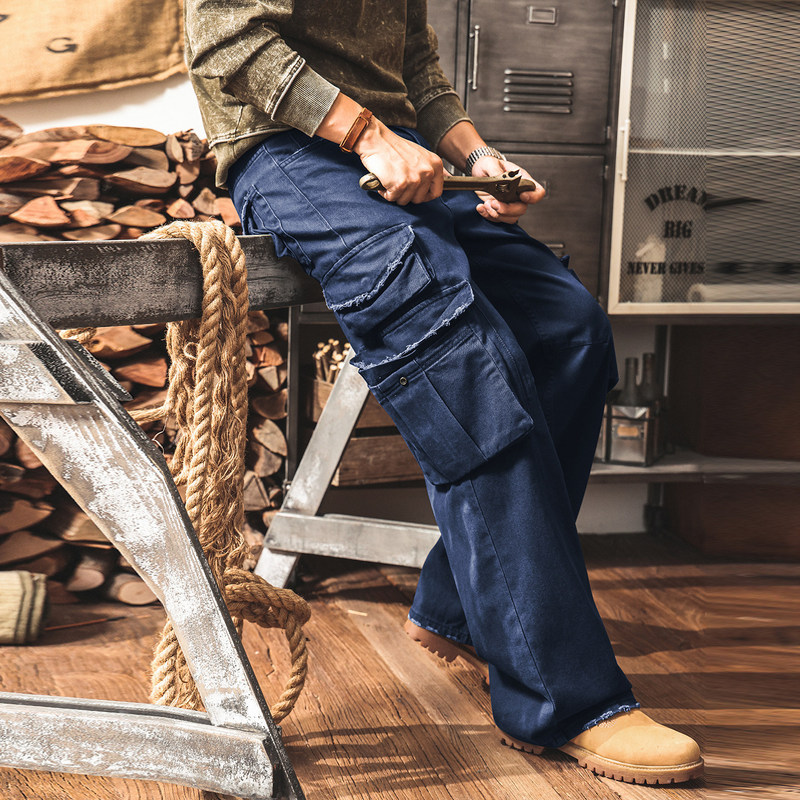 American retro navy blue straight-leg work pants for men, autumn 2026 new urban trendy brand multi-pocket loose casual pants American retro navy blue straight-leg work pants for men, autumn 2026 new urban trendy brand multi-pocket loose casual pants