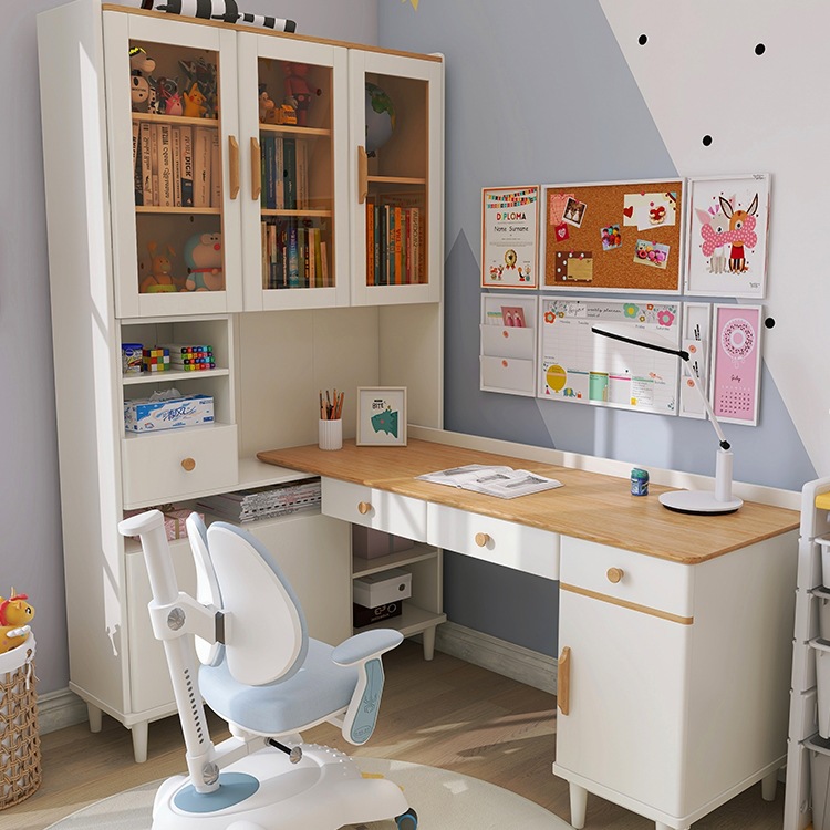实木转角书桌书架一体北欧书柜组合儿童拐角学习桌学生家用