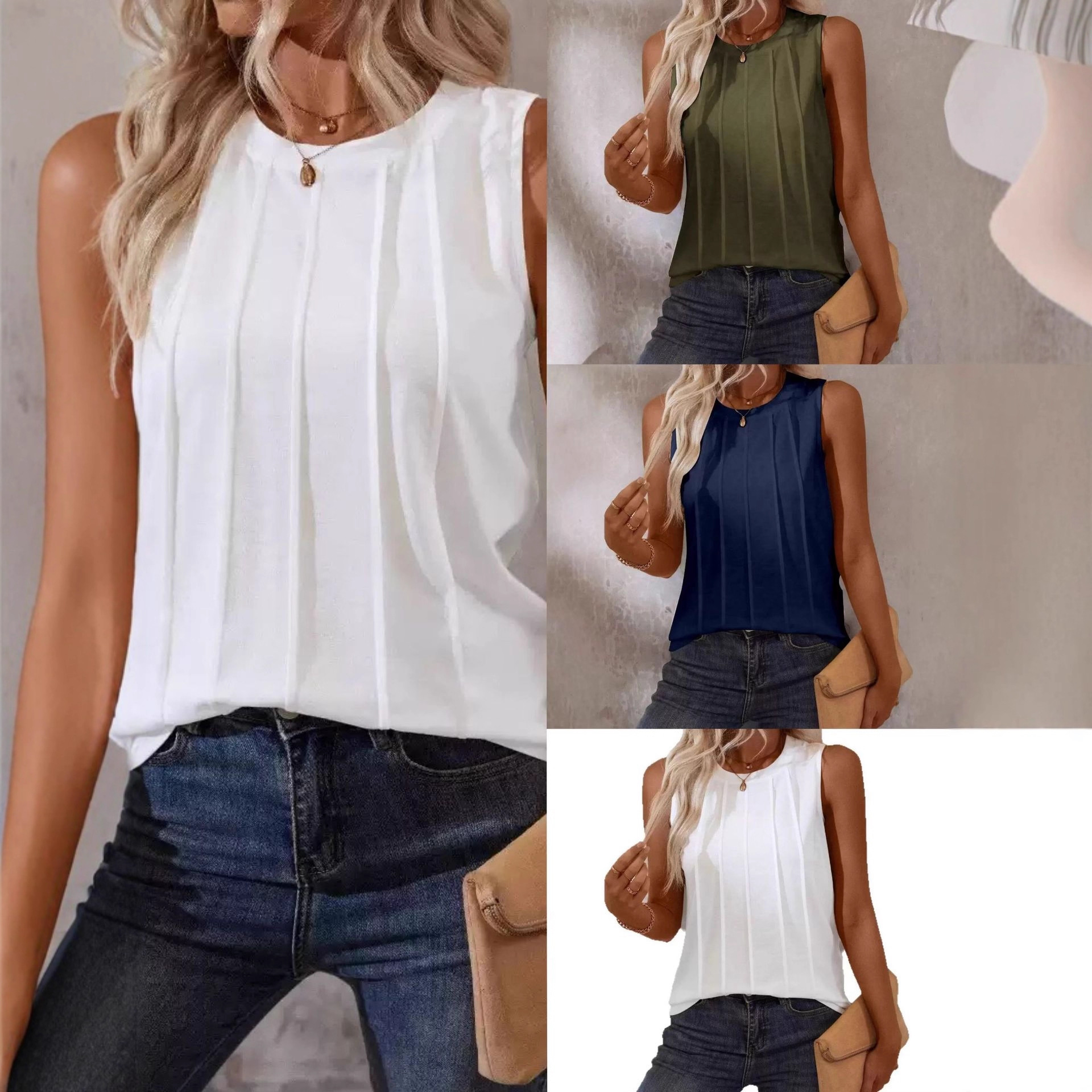 2025 Spring/Summer Amazon New European and American Popular Pleated Round Neck Sleeveless Top Women's Vest Cross-Border Foreign Trade Women's Clothing