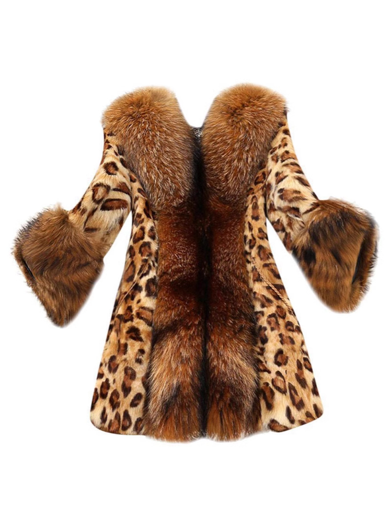 Cross-Border 2025 Autumn and Winter Fur Coat for Women, Mid-Length Leopard Print Faux Raccoon Fur Collar, Faux Fur Warm Coat, Light Luxury