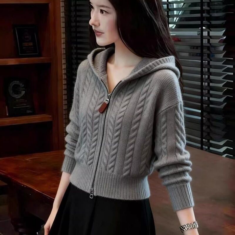 【Global Selection】Women's Cardigan Jacket Loose Hooded Zipper Sweater Stylish Knitwear Outerwear Thickened
